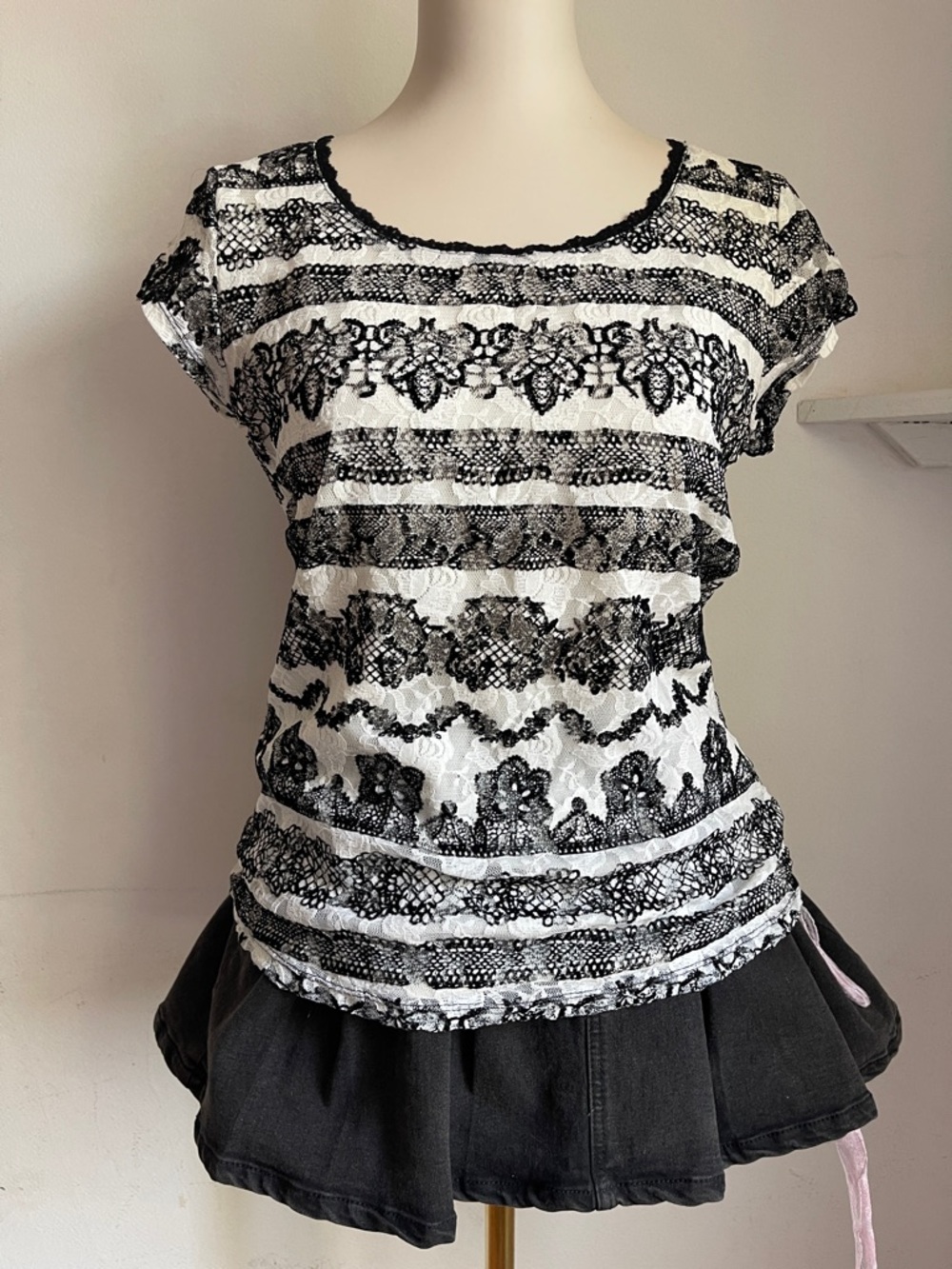 Black & White Lace Stripe Cap-Sleeve Top